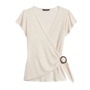 Banana Republic flax color Linen Wrap Shirt w Clasp Detail and flutter sleeve PL